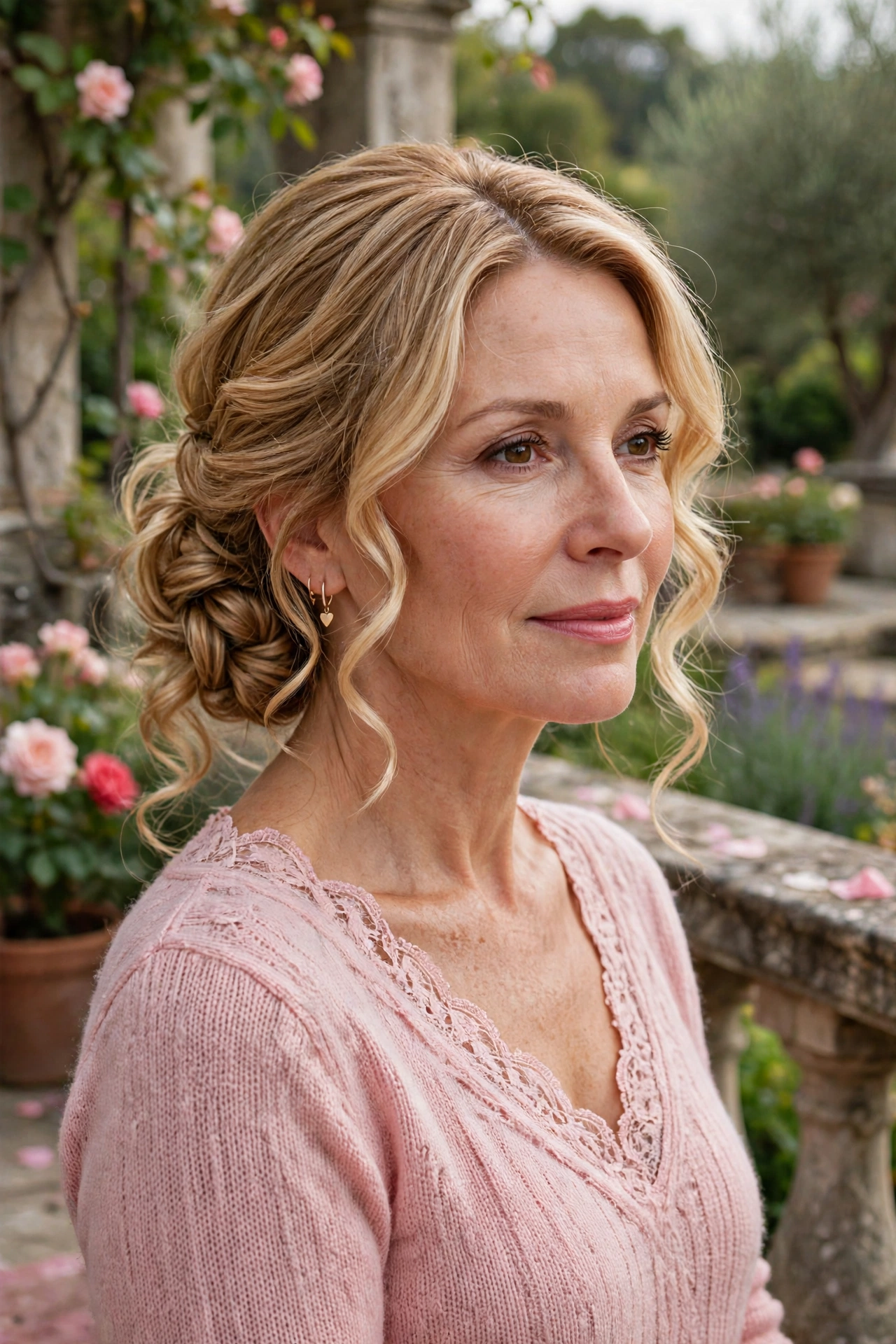 loose curls with a braided chignon in honey blonde with side part