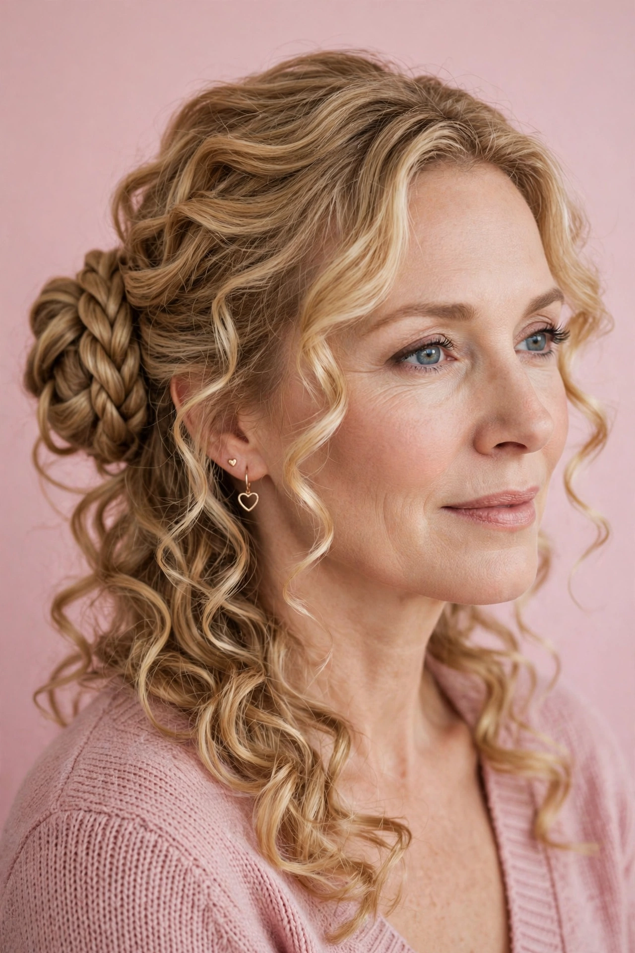 loose curls with a rope braid bun in honey blonde with soft curl texture