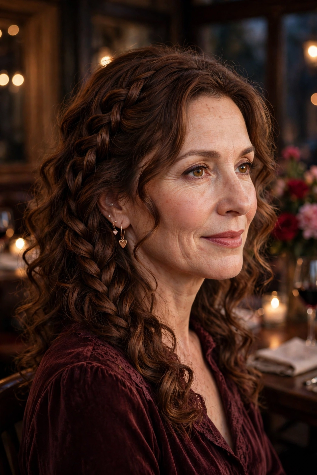 loose curls with a fishtail braid detail in chestnut brown with romantic finish
