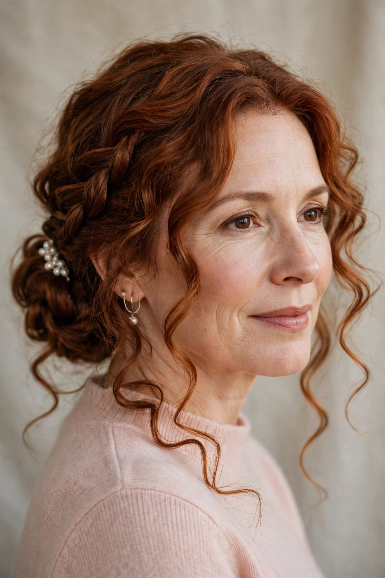 loose curls with a side braid into a low bun in warm auburn with a pearl pin