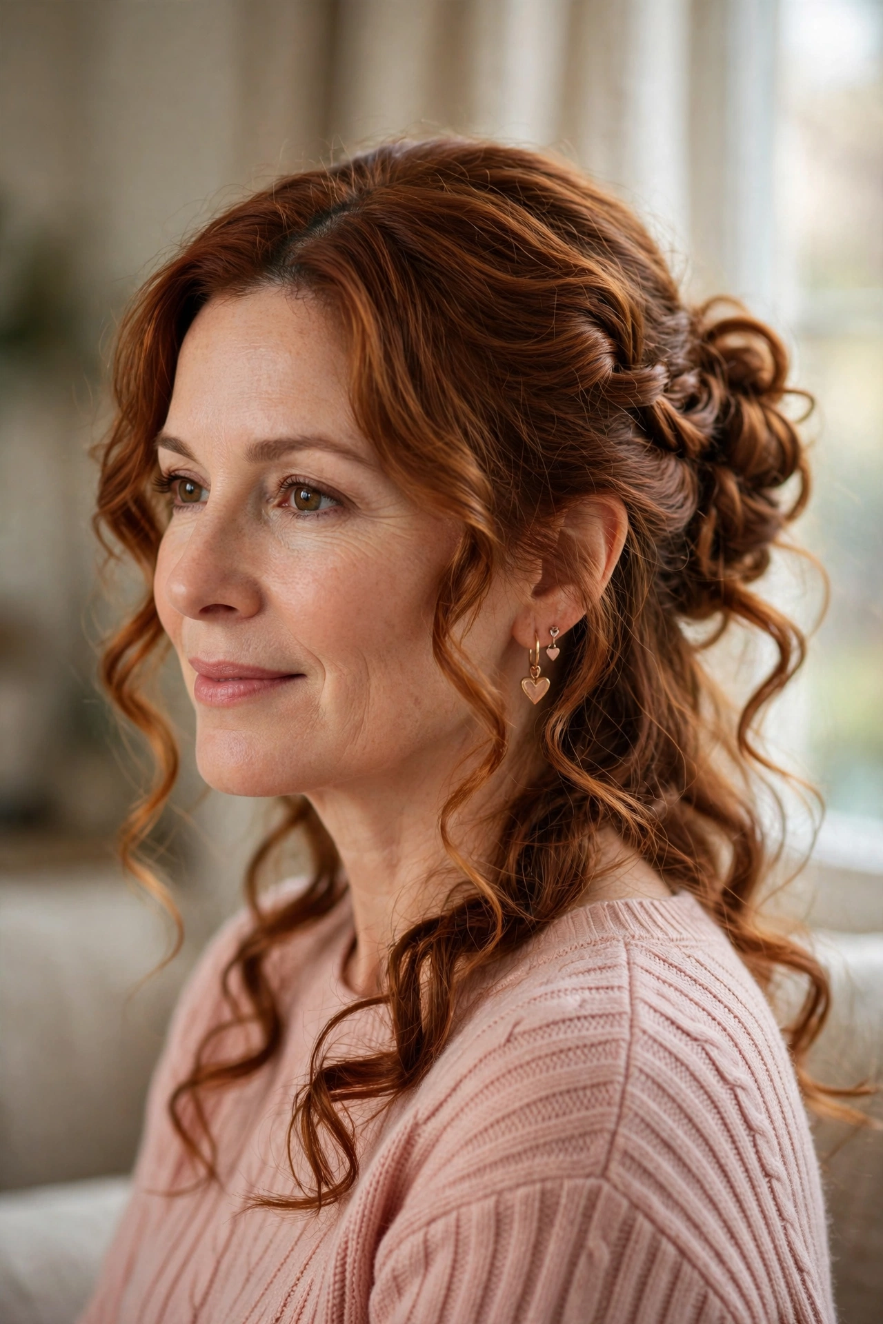 loose curls with a twisted braid bun in warm auburn with side part