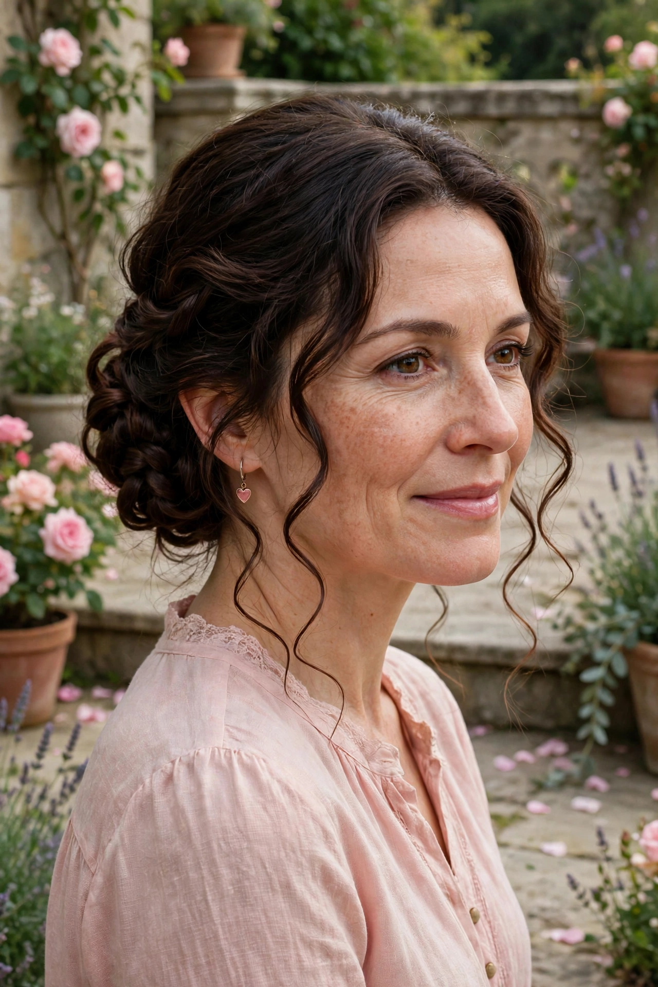 loose curls with a braided chignon in dark chocolate brown with loose tendrils