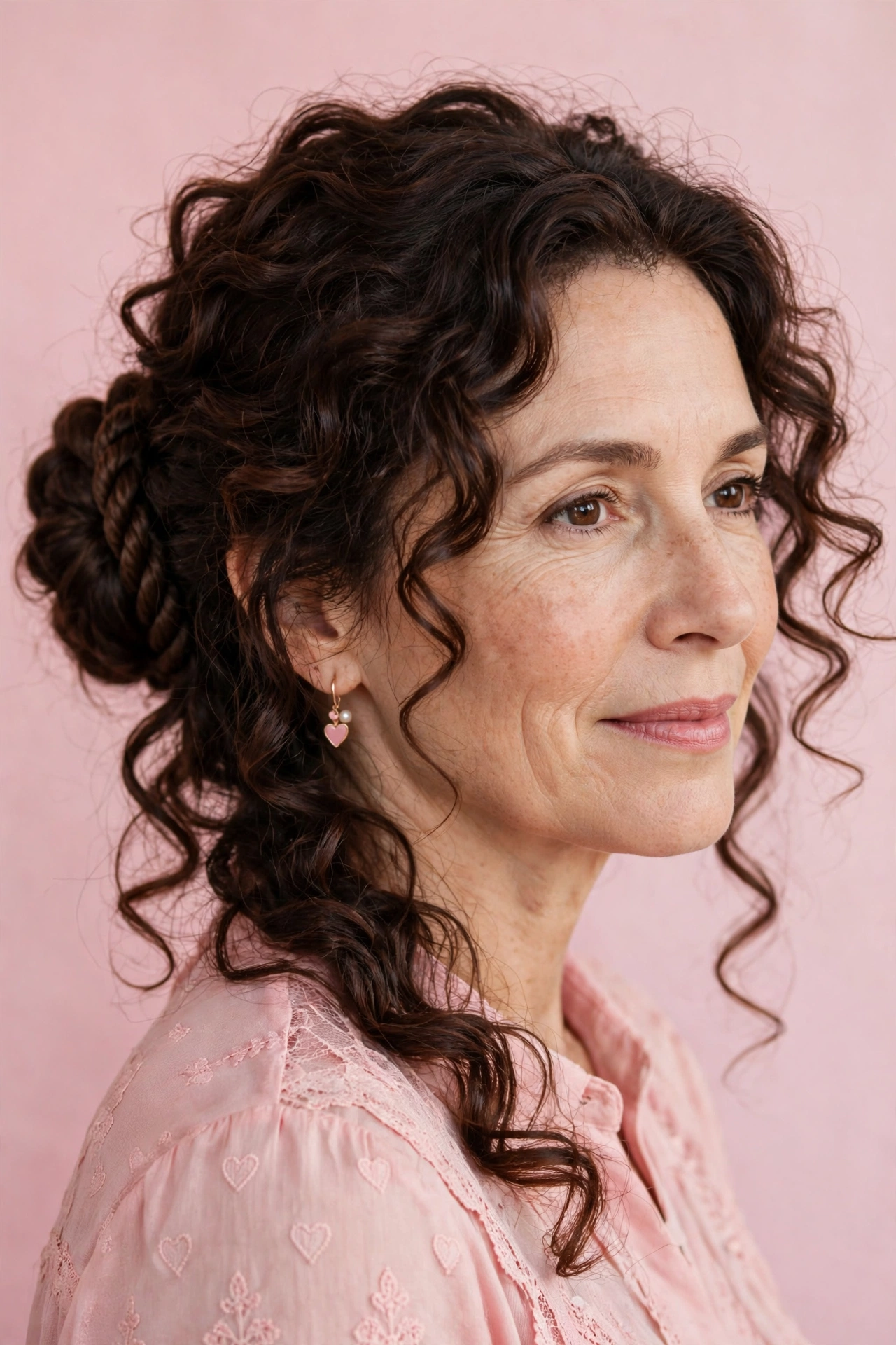 loose curls with a rope braid bun in dark chocolate brown with romantic finish