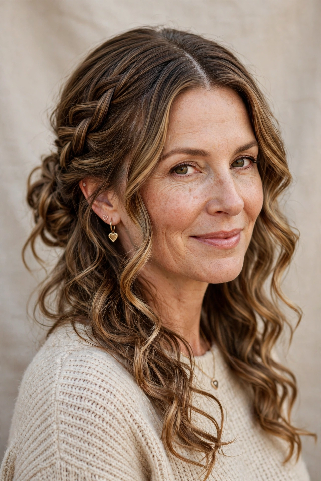 loose curls with a side braid into a low bun in caramel balayage with centre part