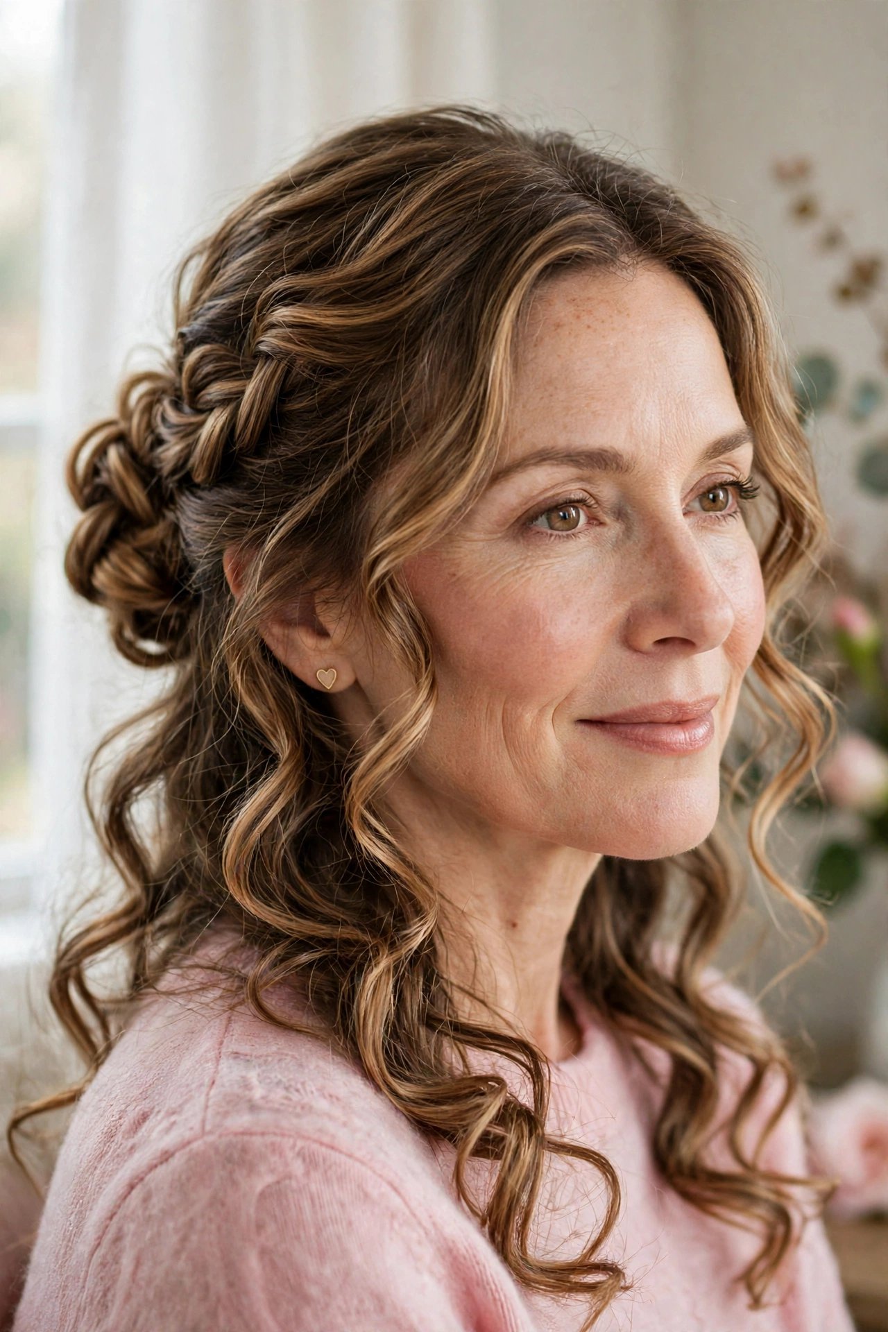 loose curls with a twisted braid bun in caramel balayage with soft curl texture