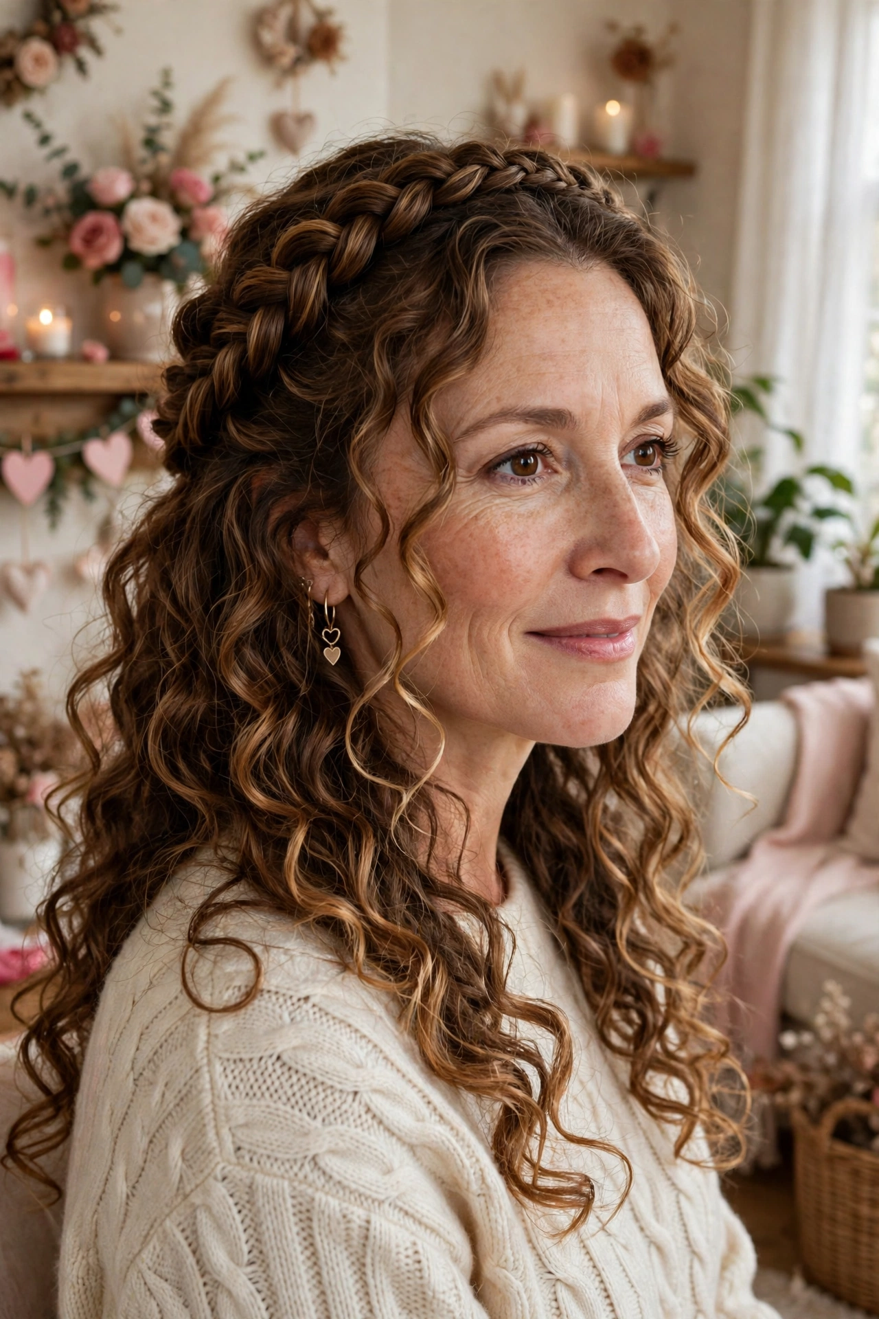 loose curls with a halo braid in caramel balayage with loose tendrils