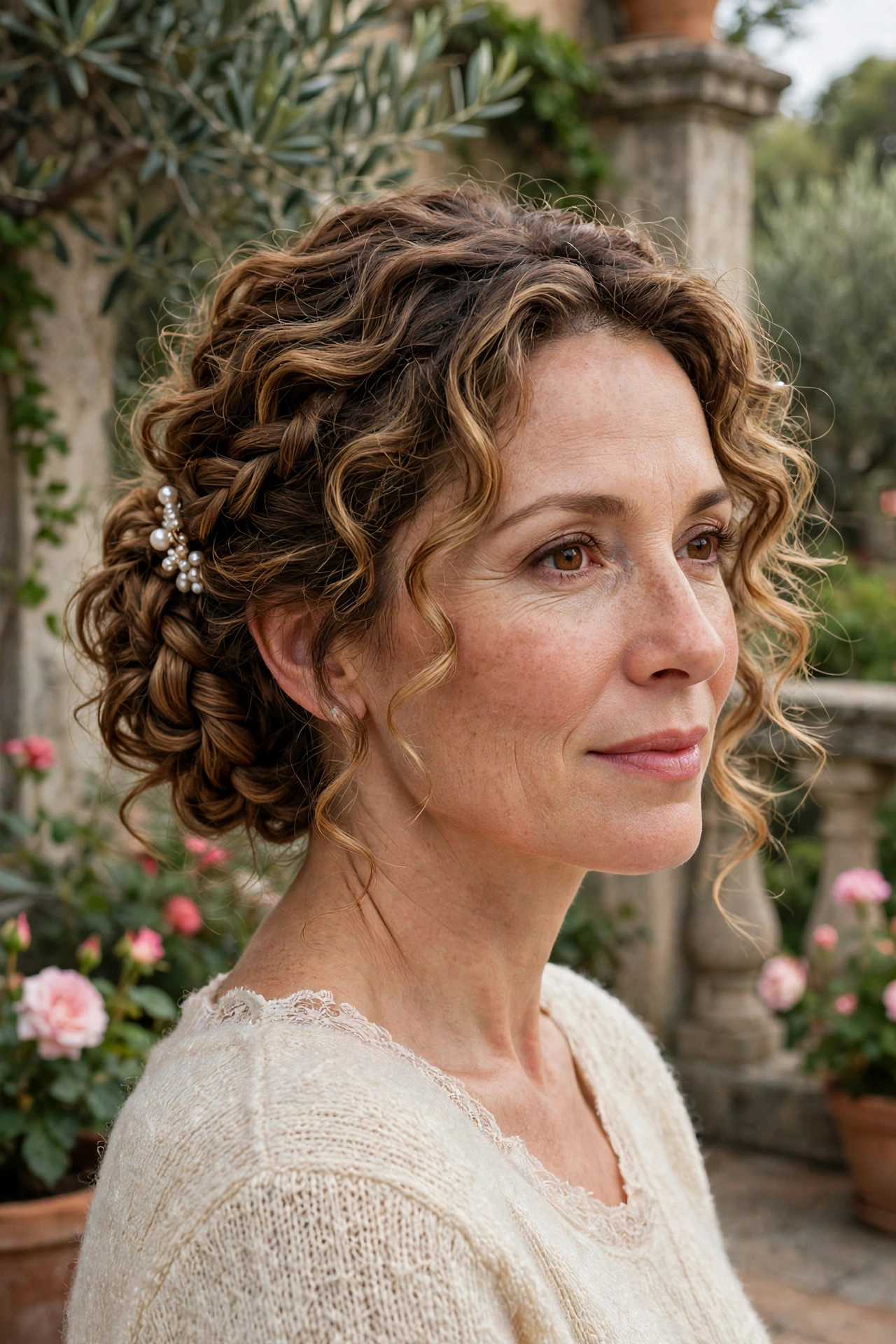 loose curls with a braided chignon in caramel balayage with a pearl pin