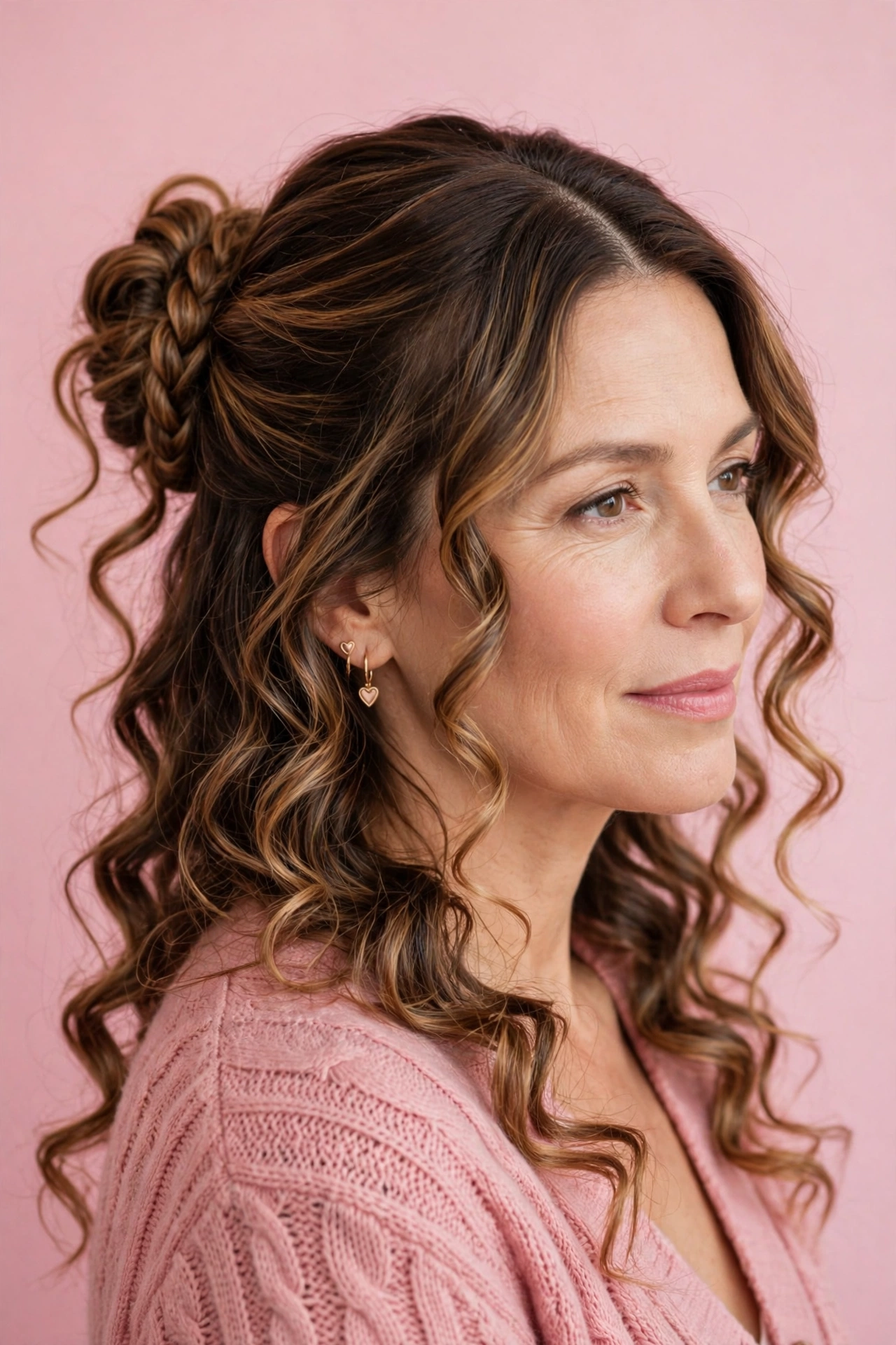 loose curls with a rope braid bun in caramel balayage with centre part