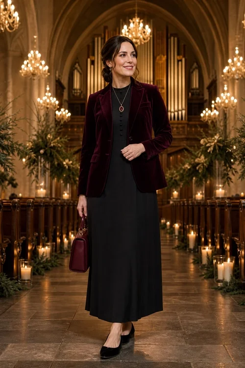 Burgundy Velvet Blazer and Black Midi Dress