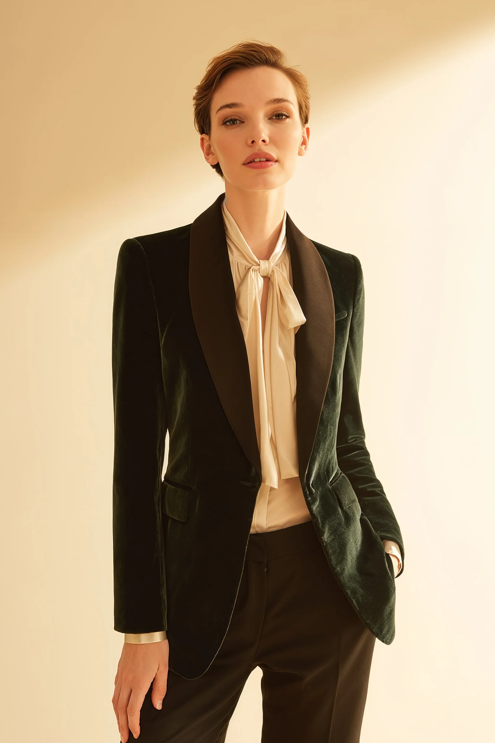 Emerald Velvet Blazer and Black Wide-Leg Trousers