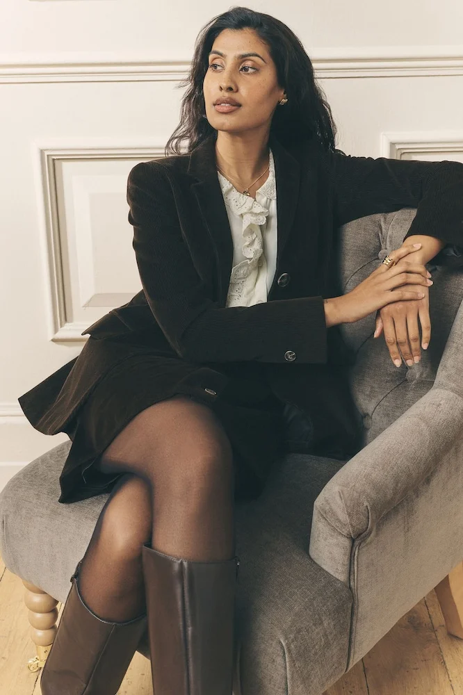 Chocolate Velvet Blazer and Cream Satin Dress