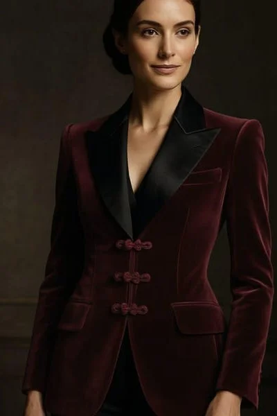 Ivory Velvet Blazer and Burgundy Midi Dress