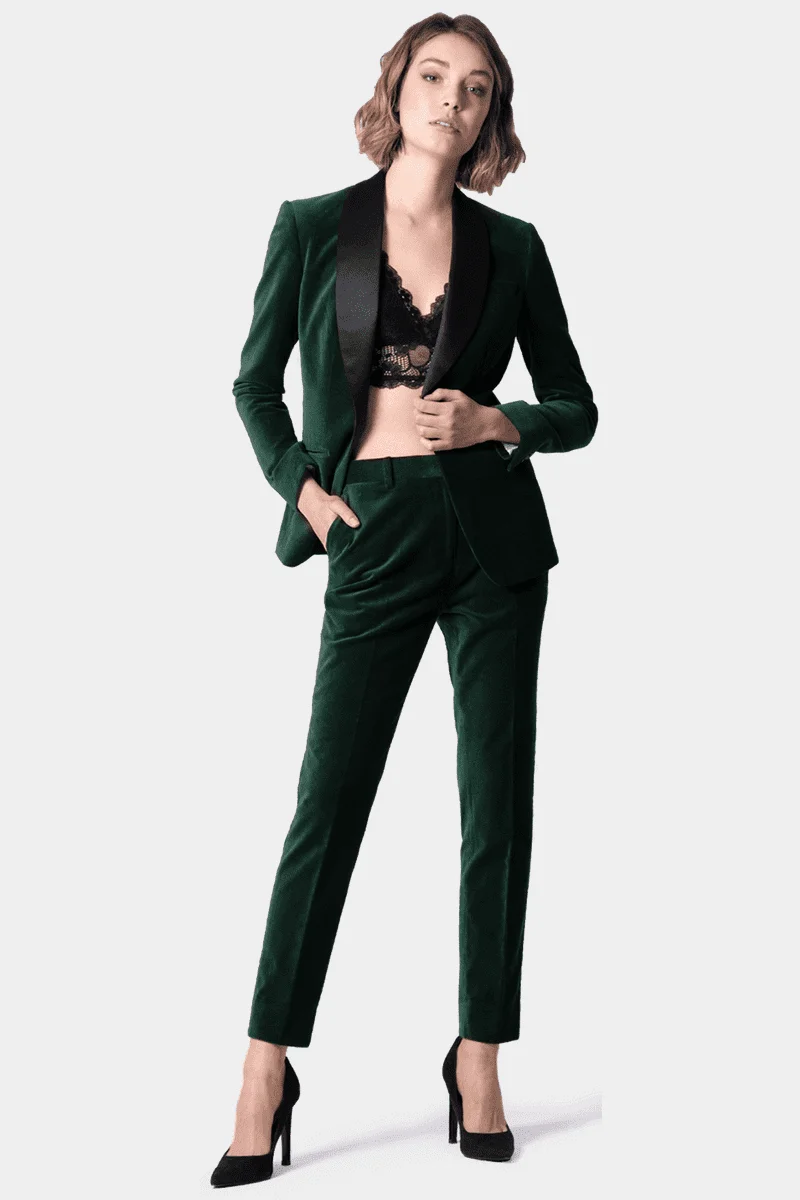 Forest Green Velvet Blazer and Gold Sequin Top with Black Trousers