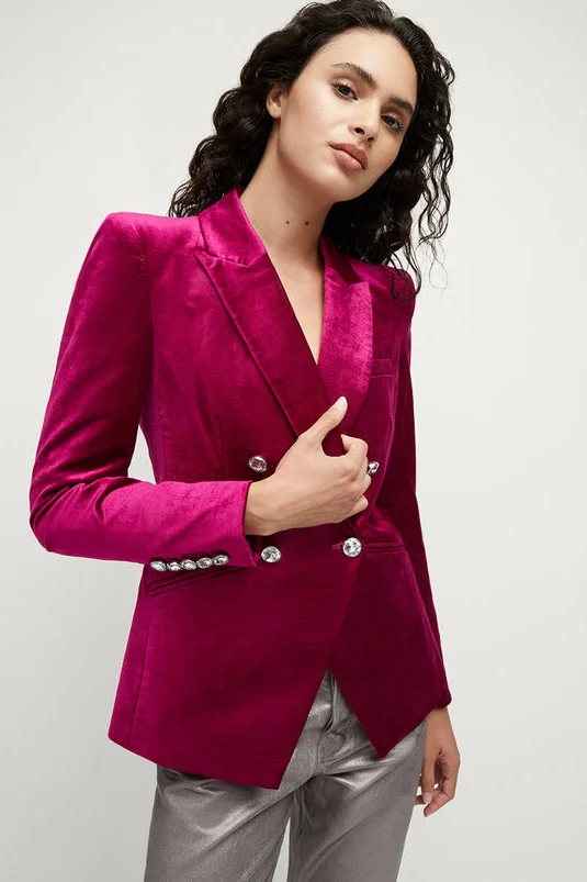 Dusty Rose Velvet Blazer and Grey Wide-Leg Trousers