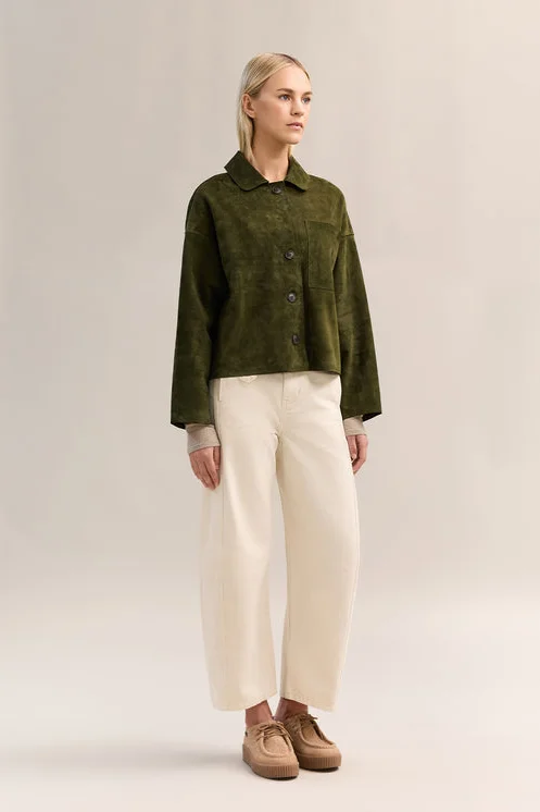 Olive Velvet Blazer and Cream Wide-Leg Trousers