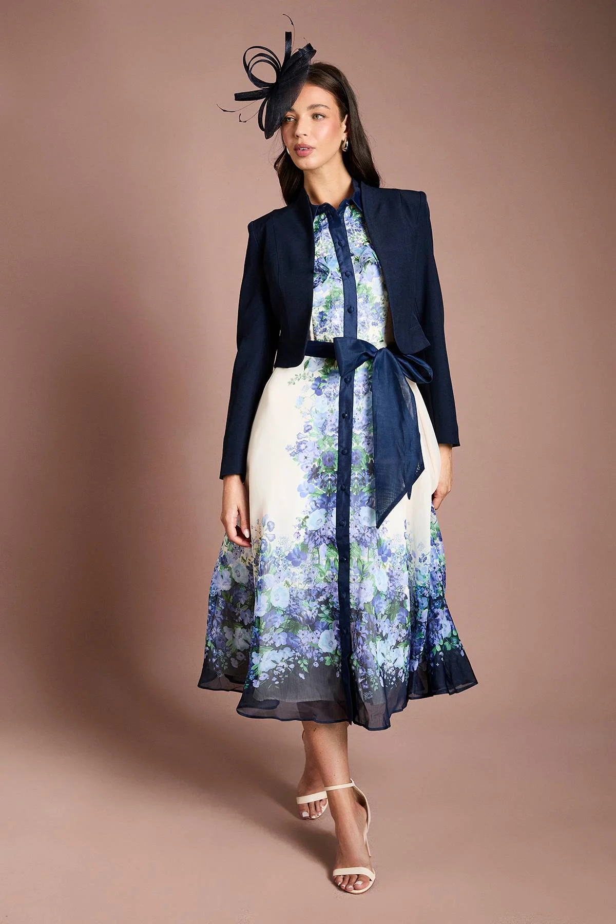 Navy Velvet Blazer and Floral Midi Dress