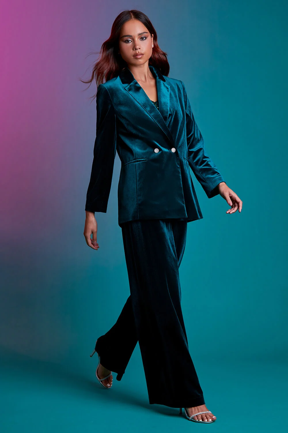 Teal Velvet Blazer and Black Jumpsuit