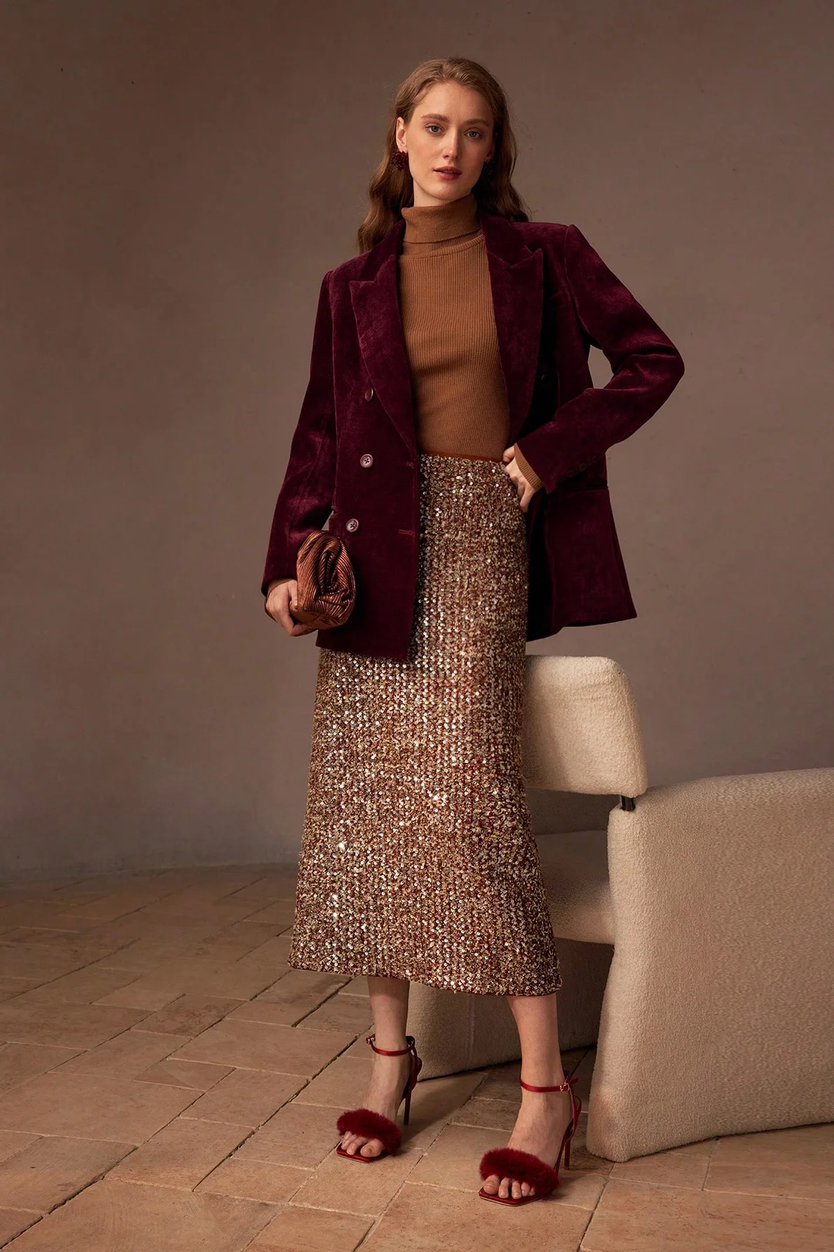 Burgundy Velvet Blazer and Gold Pleated Skirt