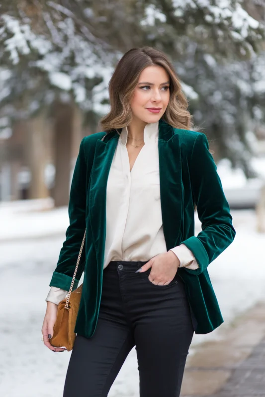Forest Green Velvet Blazer and Cream Knit Dress