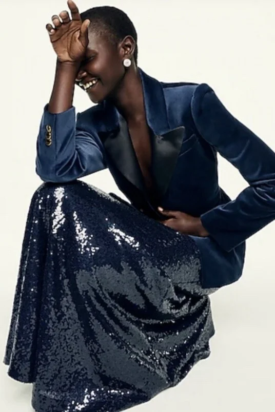 Navy Velvet Blazer and Silver Sequin Skirt