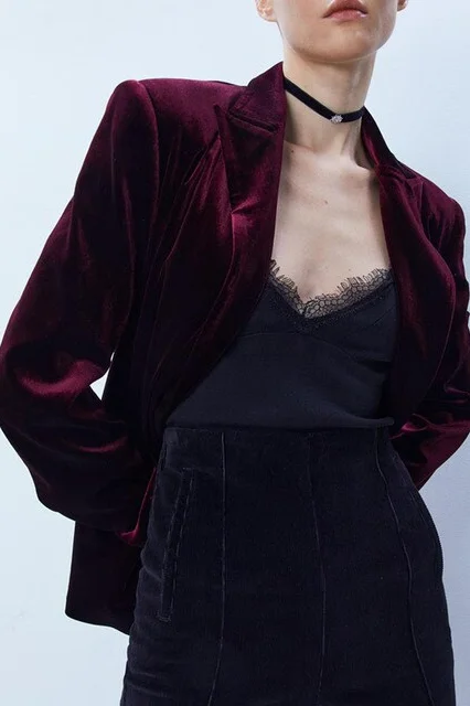 Wine Velvet Blazer and Black Lace Dress