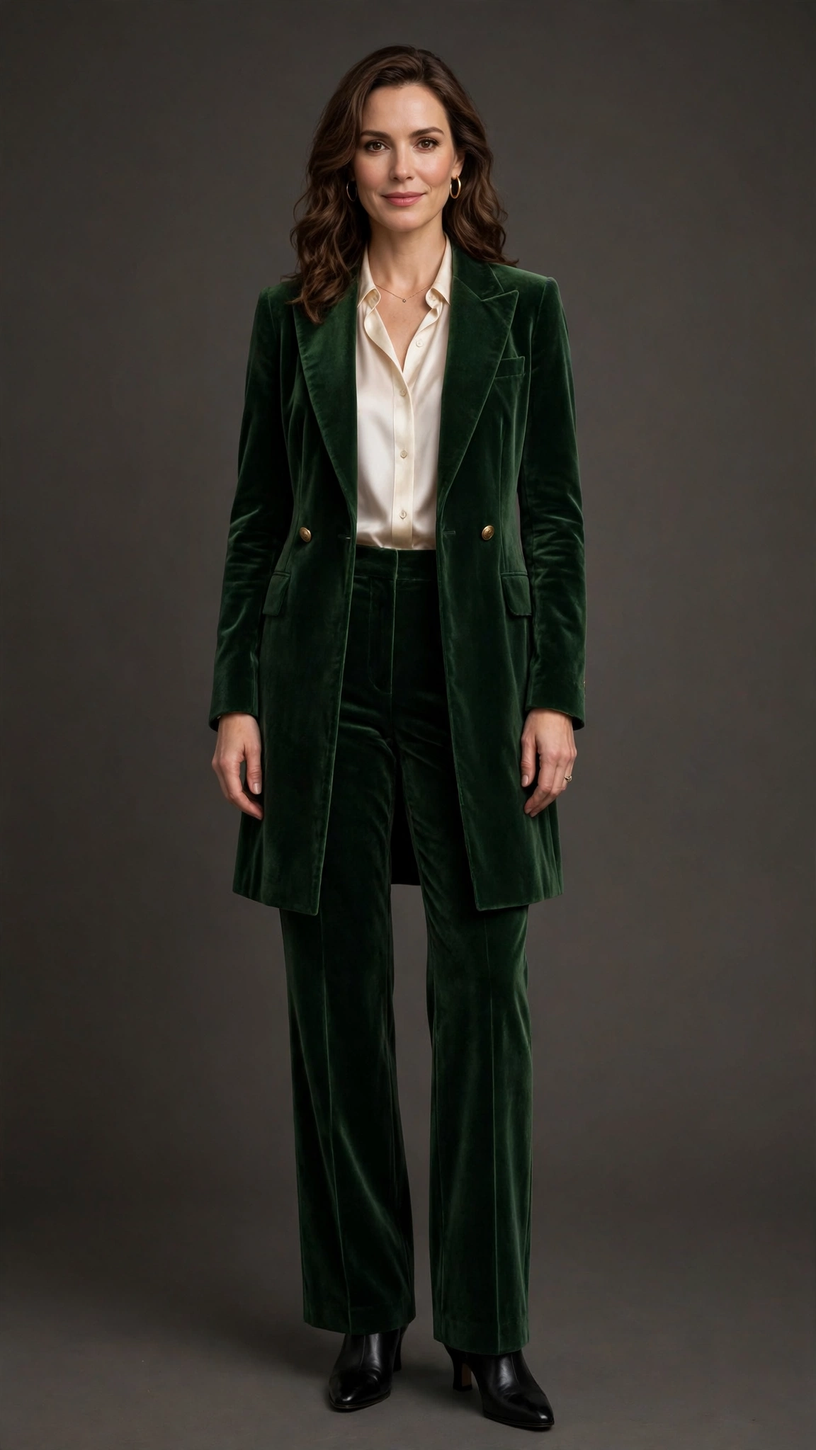 Velvet Trousers and Silk Blouse Outfit 1