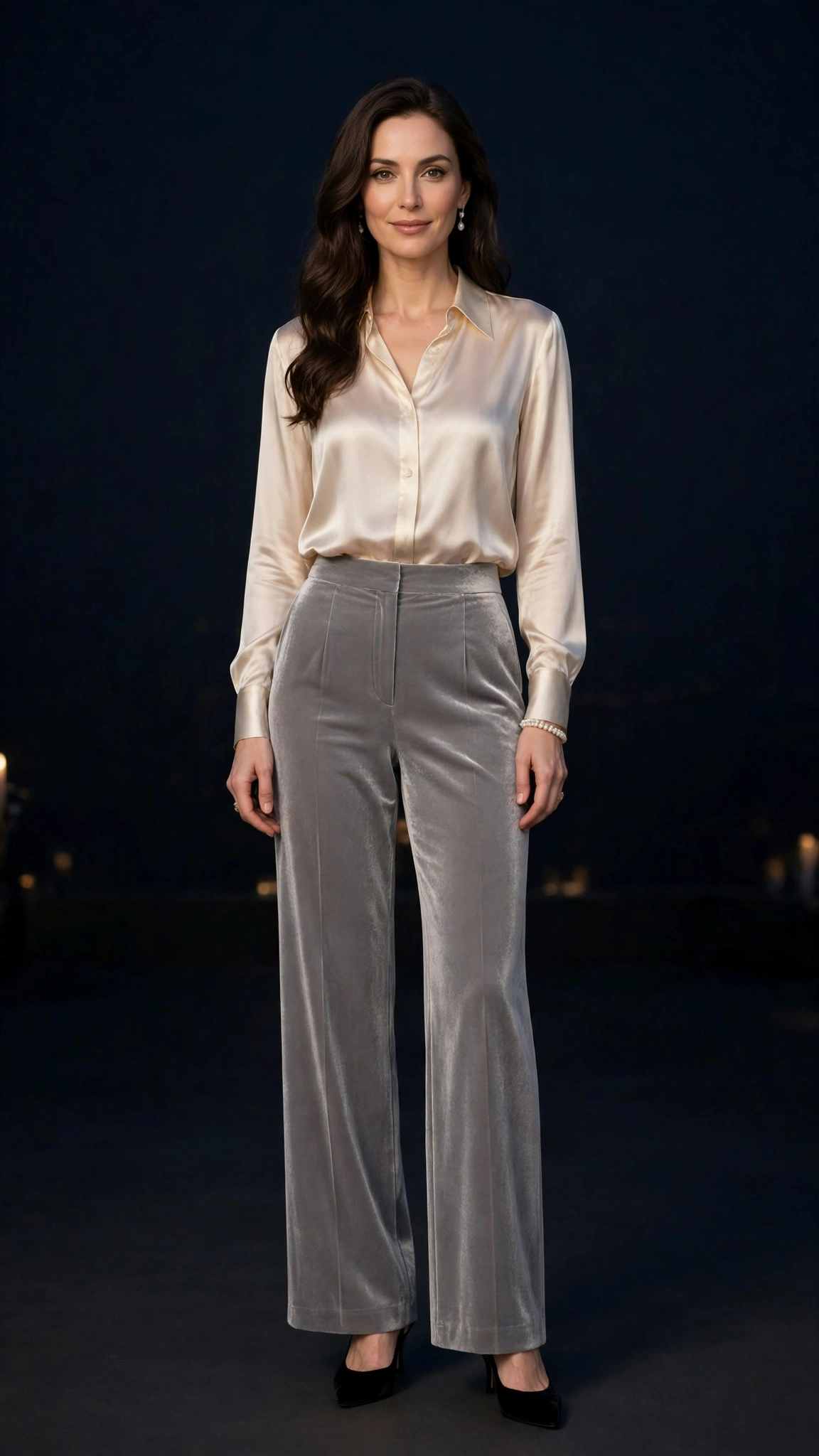 Velvet Trousers and Silk Blouse Outfit 13