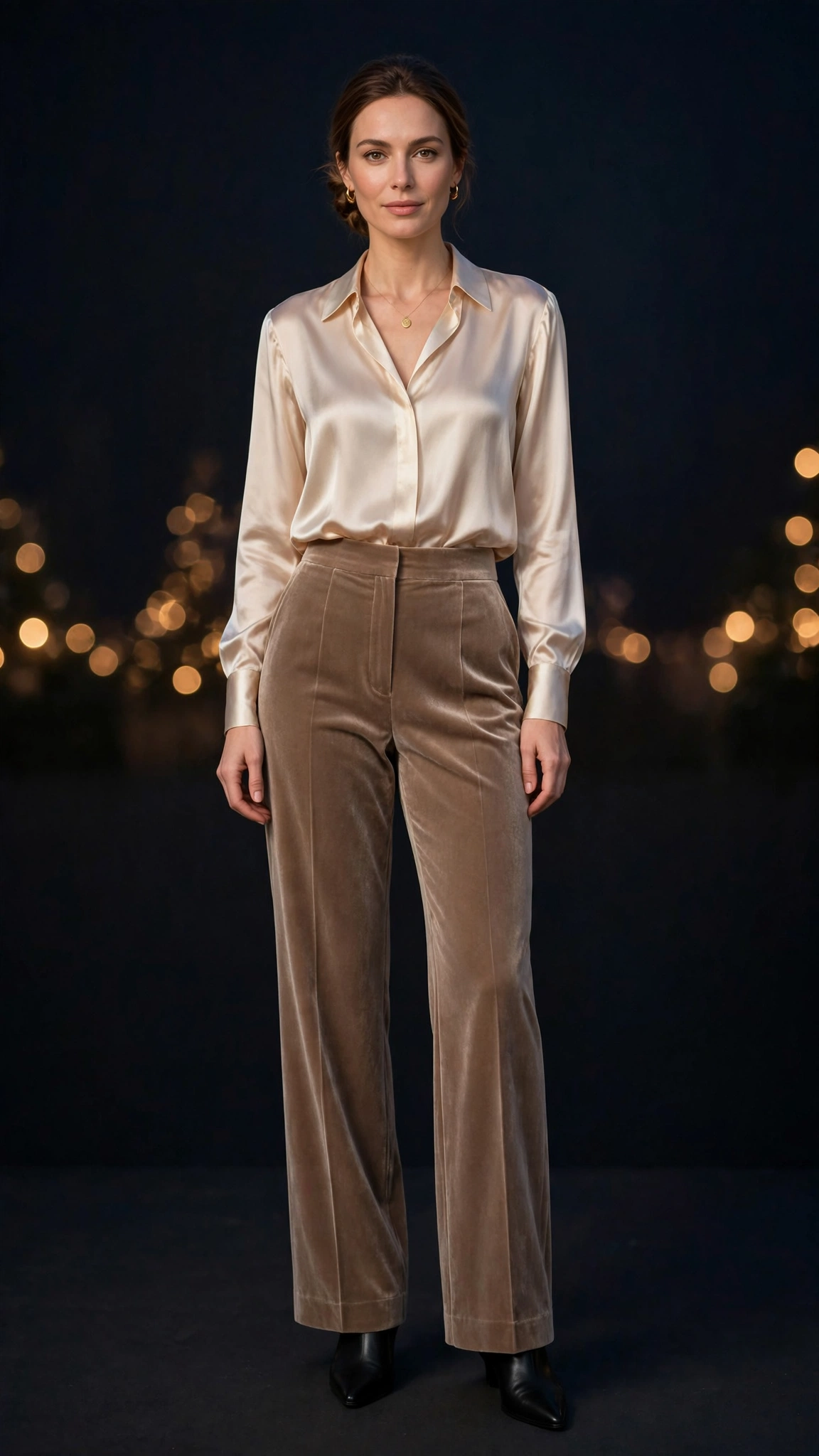 Velvet Trousers and Silk Blouse Outfit 14