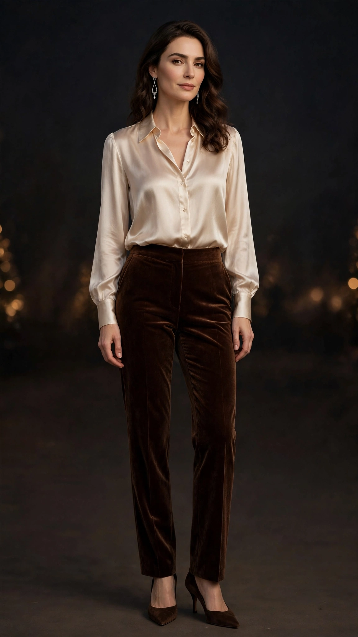 Velvet Trousers and Silk Blouse Outfit 15