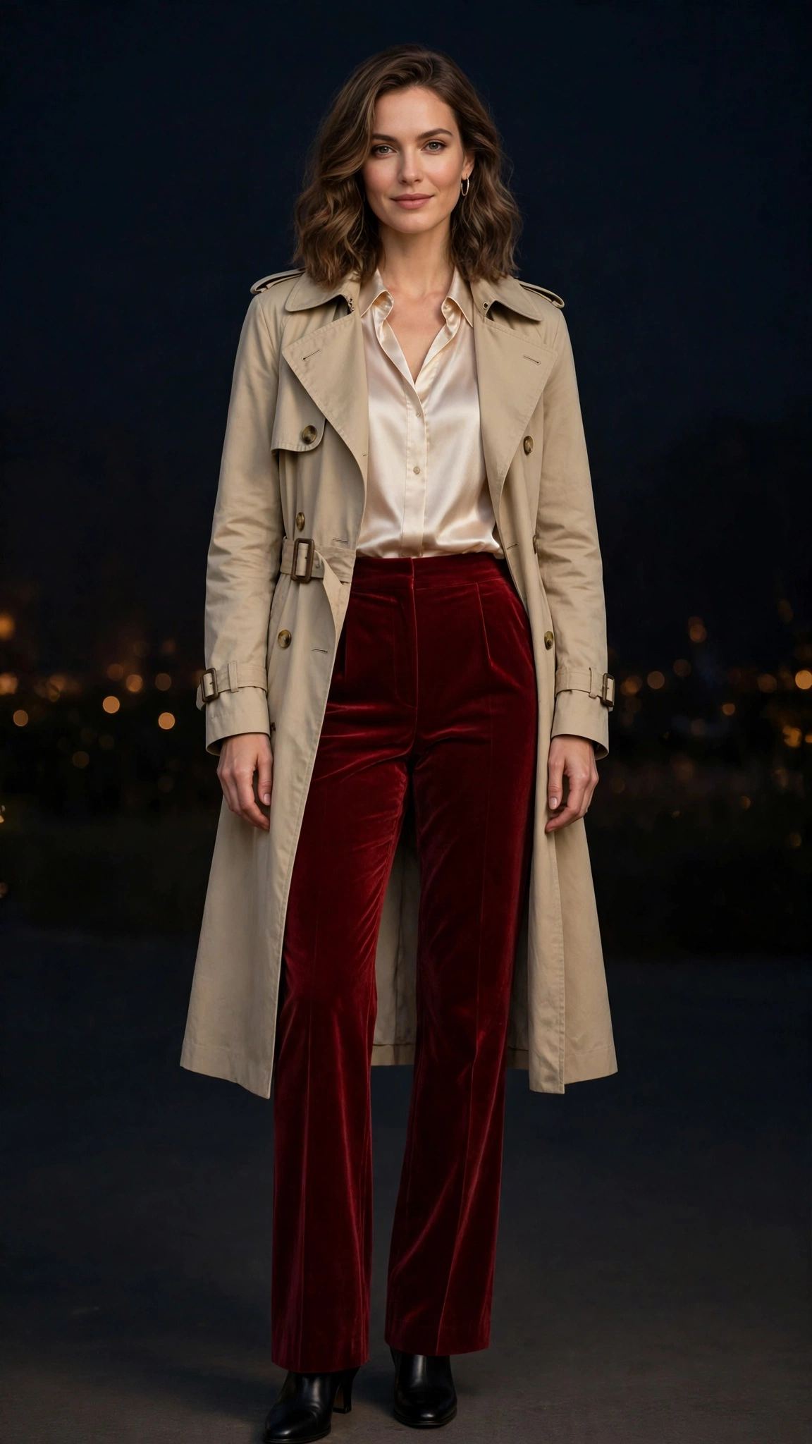 Velvet Trousers and Silk Blouse Outfit 17