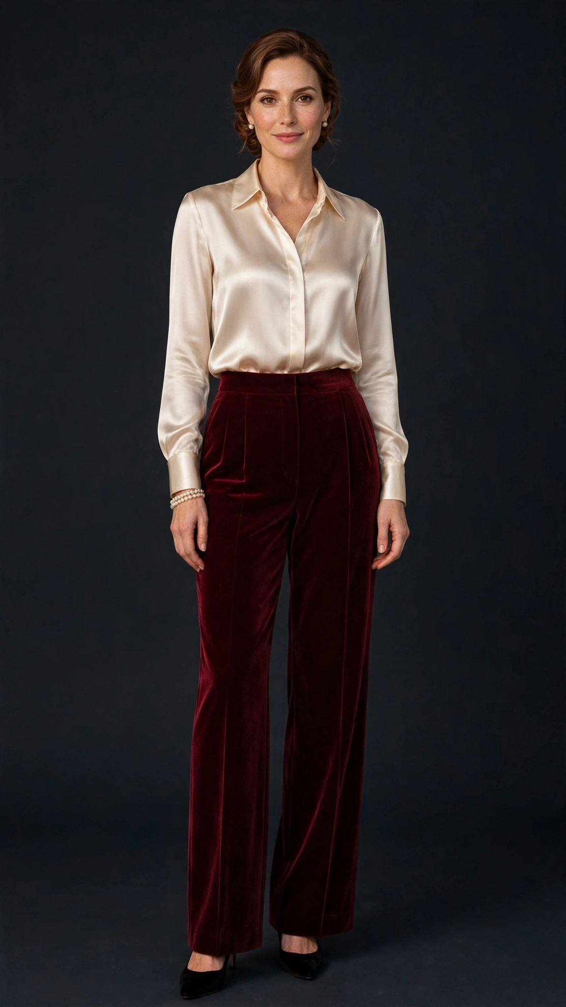 Velvet Trousers and Silk Blouse Outfit 18