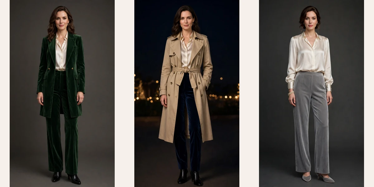 Velvet Trousers and Silk Blouse Outfit featured