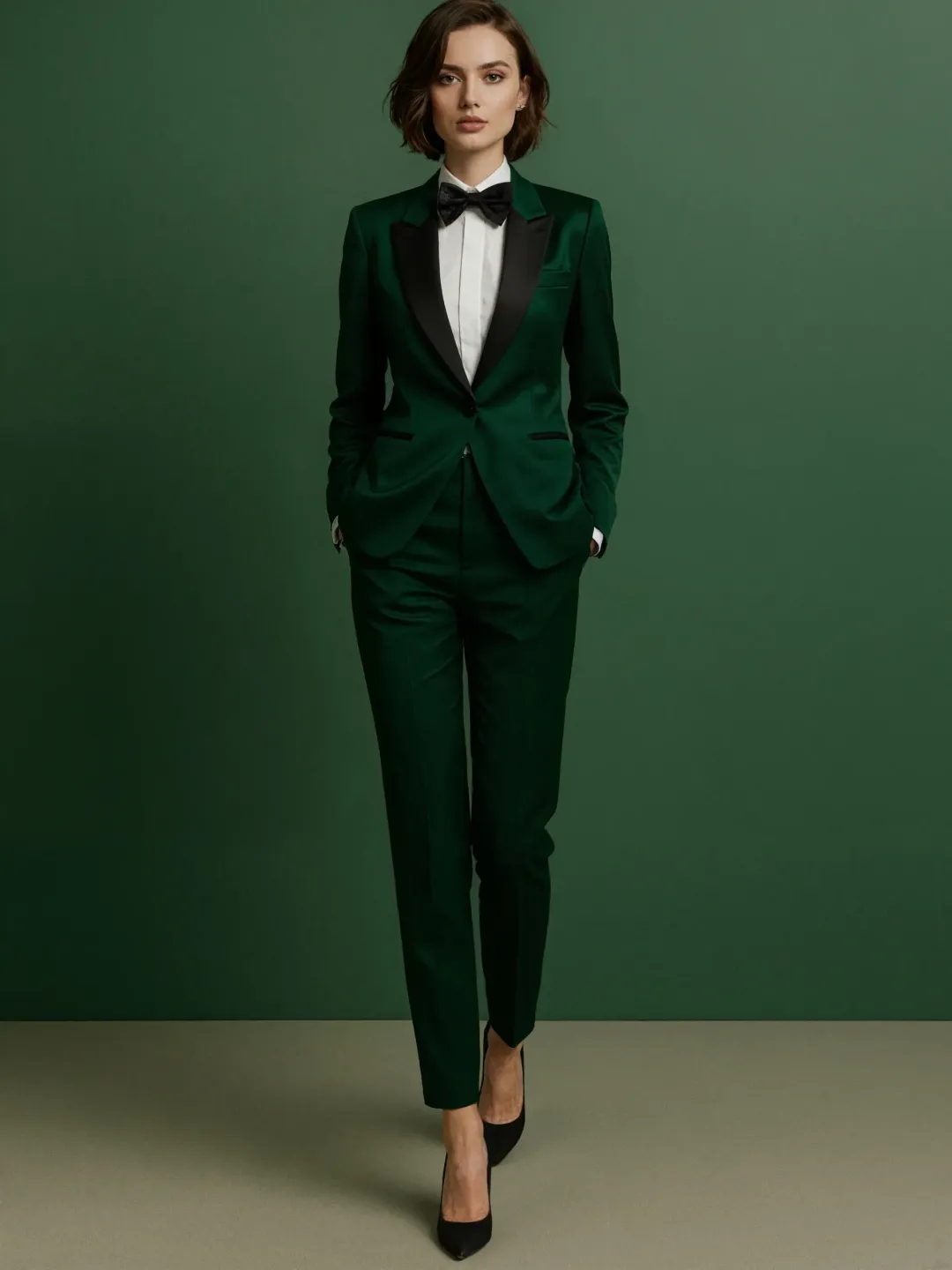 Green Velvet Tuxedo Jacket with a Bow Tie and a White Shirt