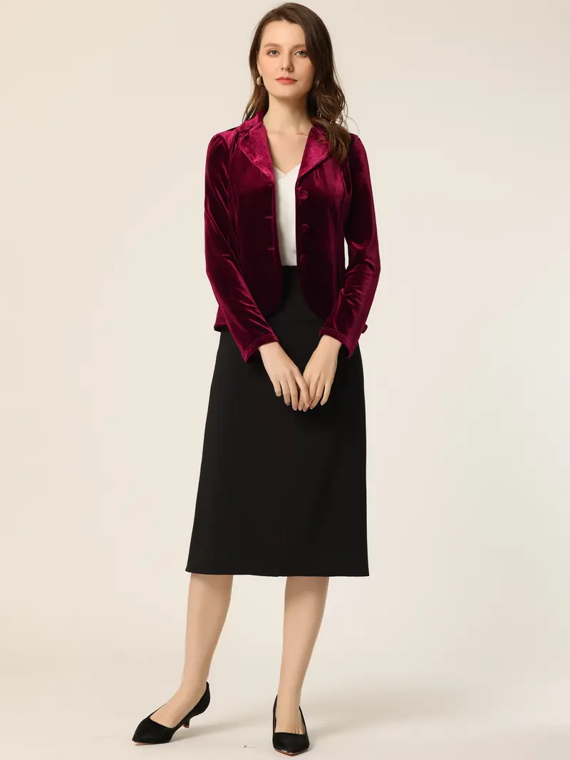 Burgundy Velvet Tuxedo Jacket with a Black Midi Skirt