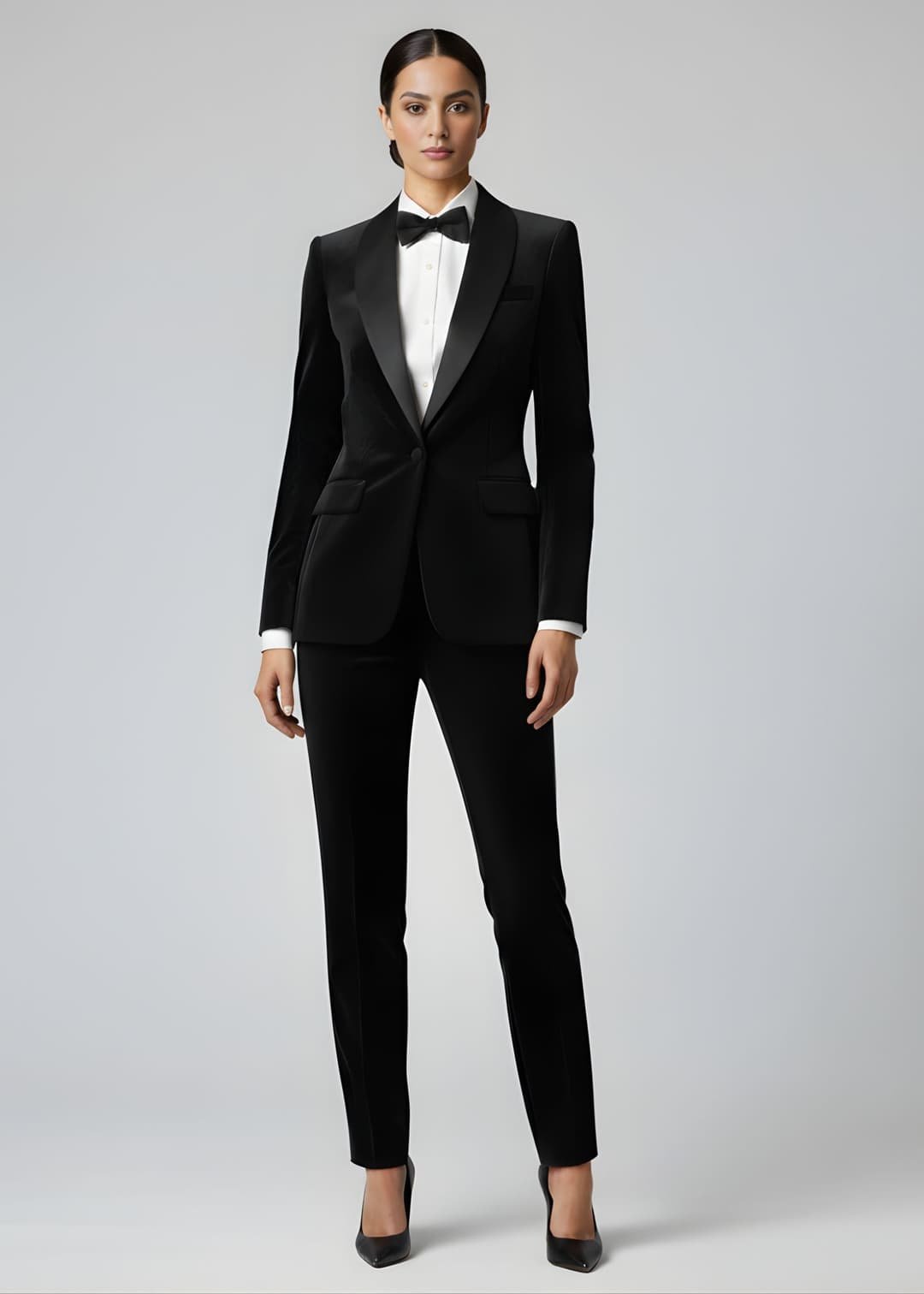 Black Velvet Tuxedo Jacket with a Bow Tie and Straight Trousers
