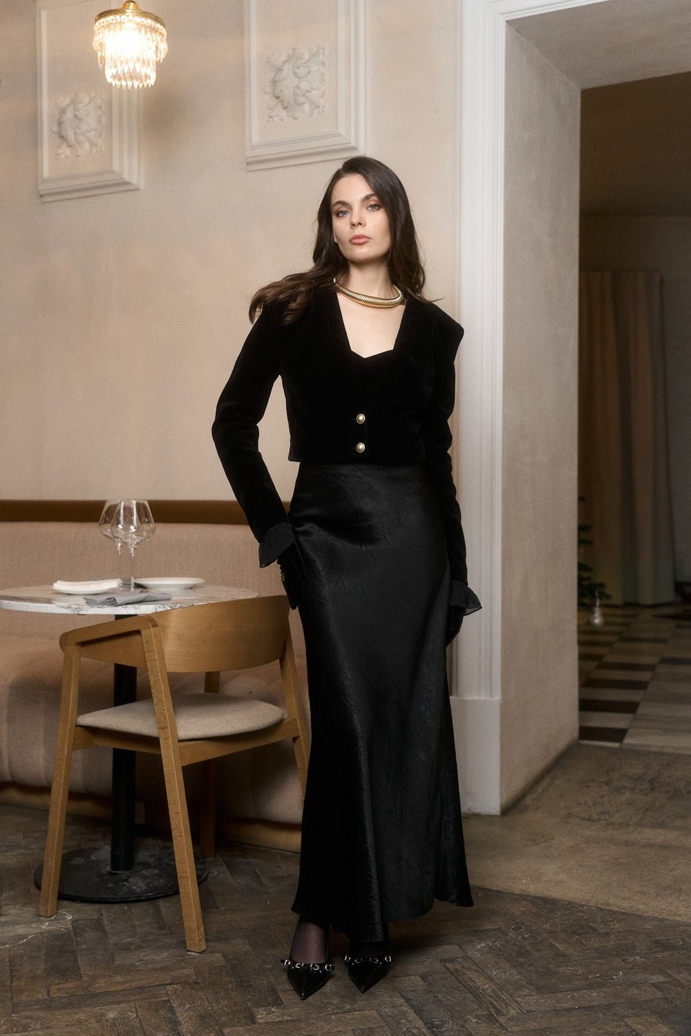 Black Velvet Tuxedo Jacket with a Black Satin Maxi Skirt