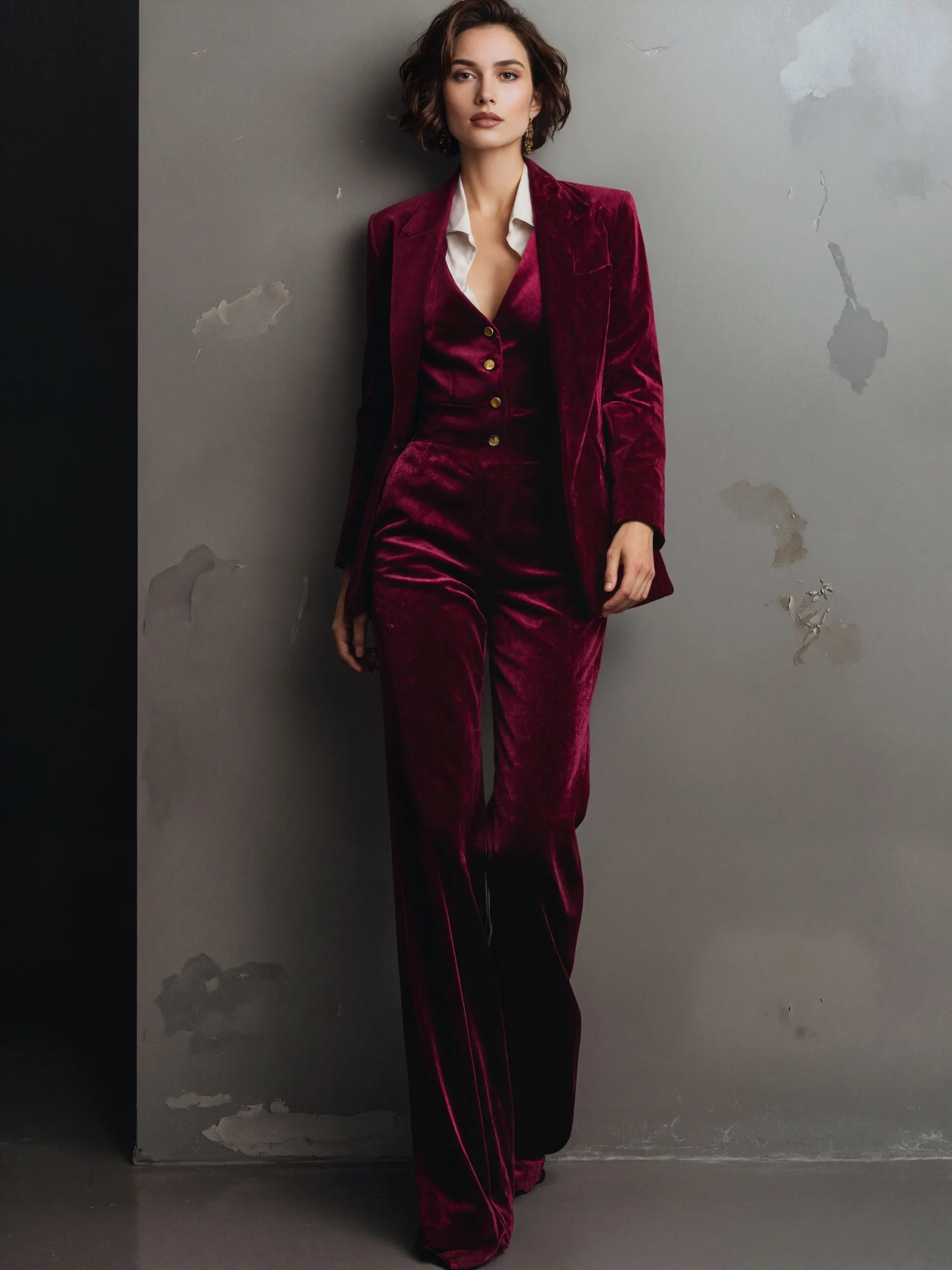Burgundy Velvet Three-Piece Tuxedo Jacket with Flared Trousers