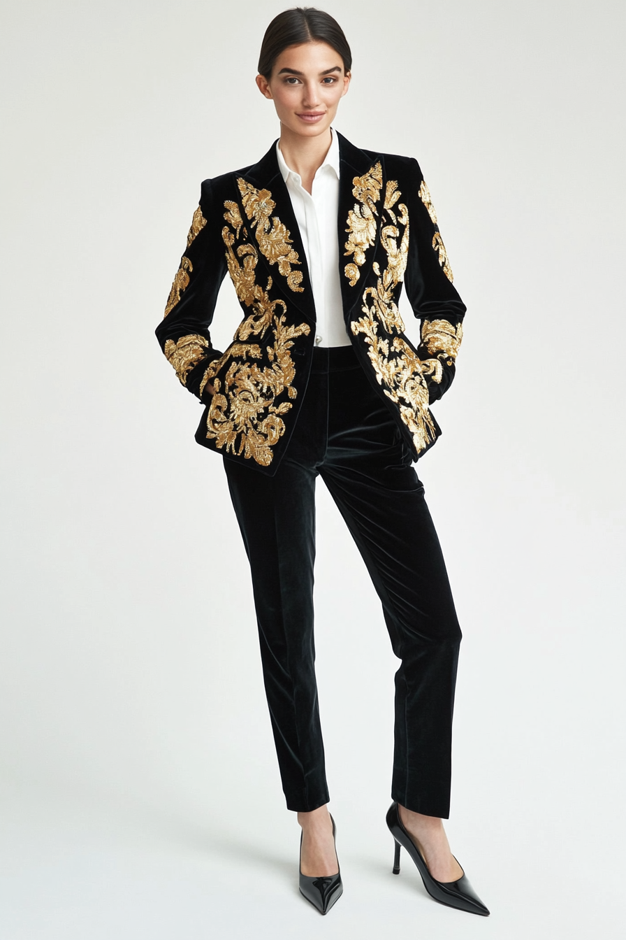 Black Velvet Tuxedo Jacket with Gold Embroidery