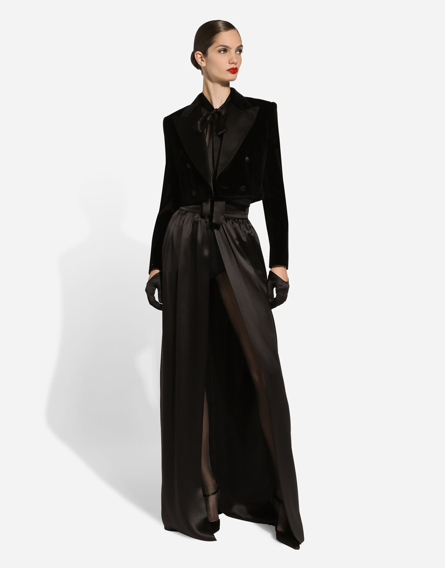 Black Velvet Tuxedo Jacket with Black Satin Wide-Leg Trousers