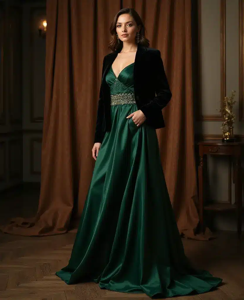 Black Velvet Tuxedo Jacket with a Green Satin Gown