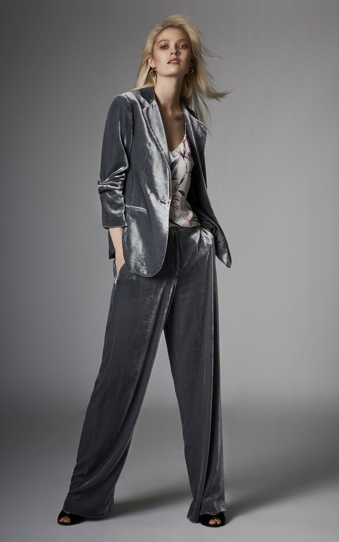 Grey Velvet Tuxedo Jacket with Wide-Leg Trousers
