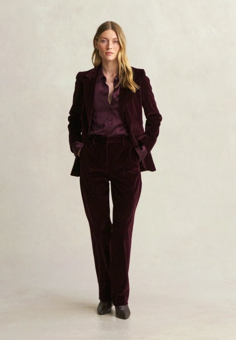 Plum Velvet Tuxedo Jacket with a Satin Shirt