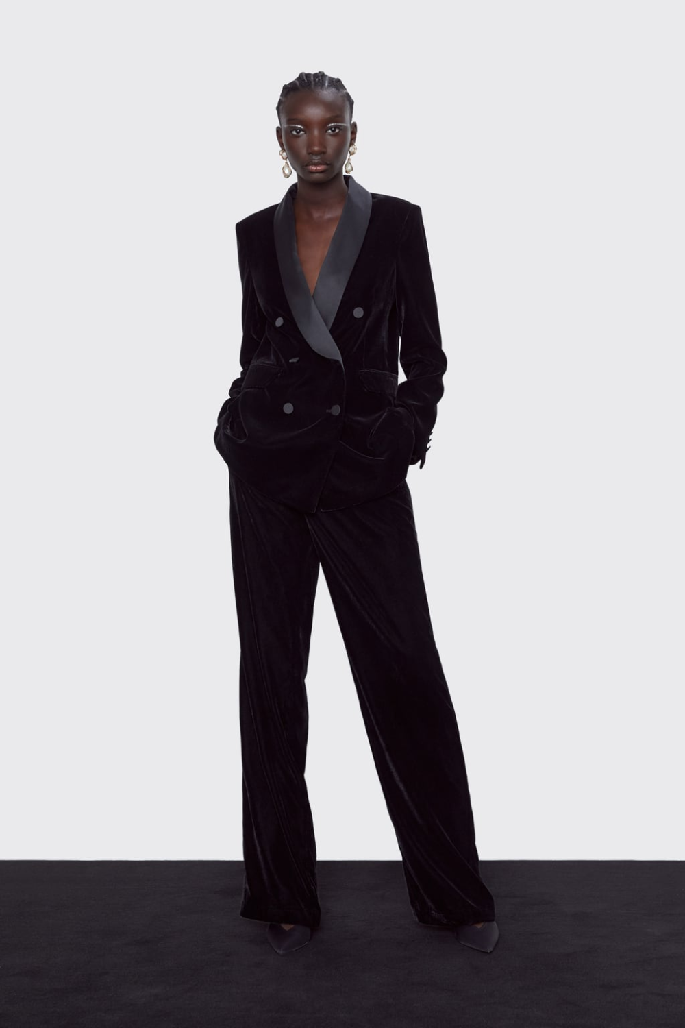 Black Velvet Double-Breasted Tuxedo Jacket with Satin Lapels