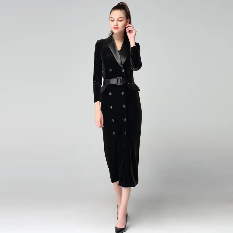 Black Velvet Belted Tuxedo Coat Dress