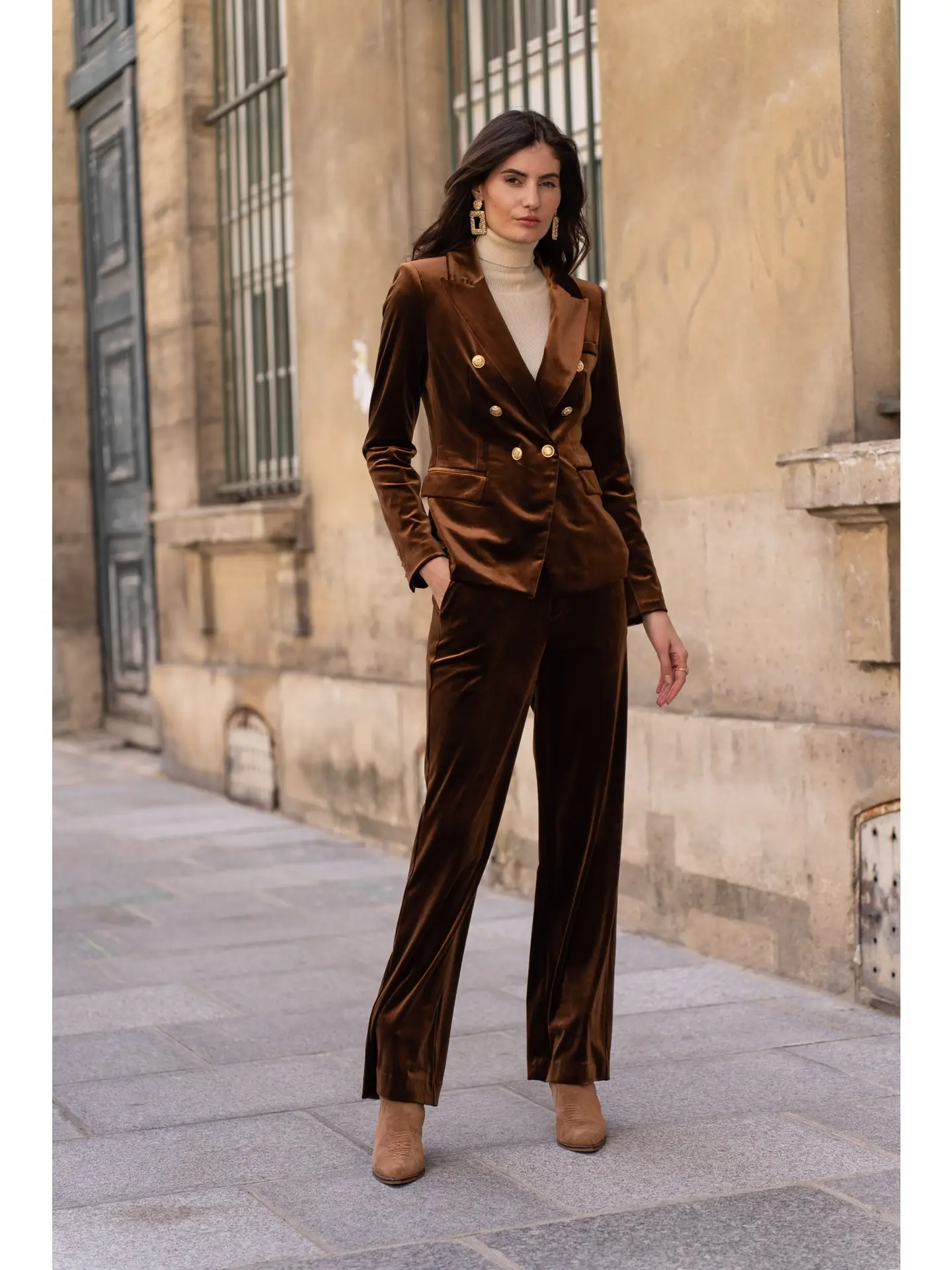 Chocolate Velvet Tuxedo Jacket with a Turtleneck