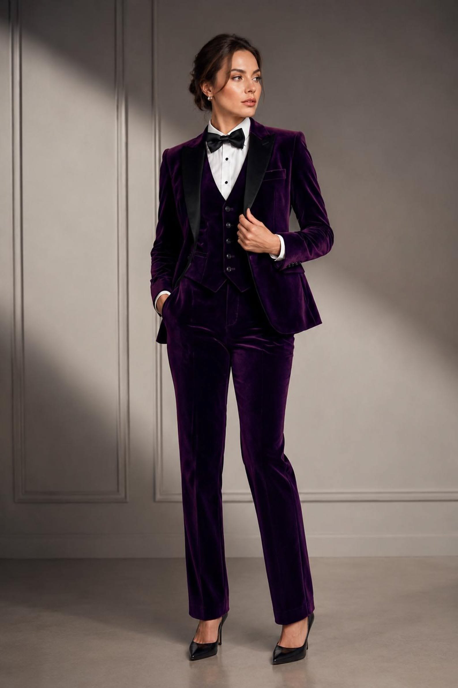 Purple Velvet Three-Piece Tuxedo Jacket with a Bow Tie