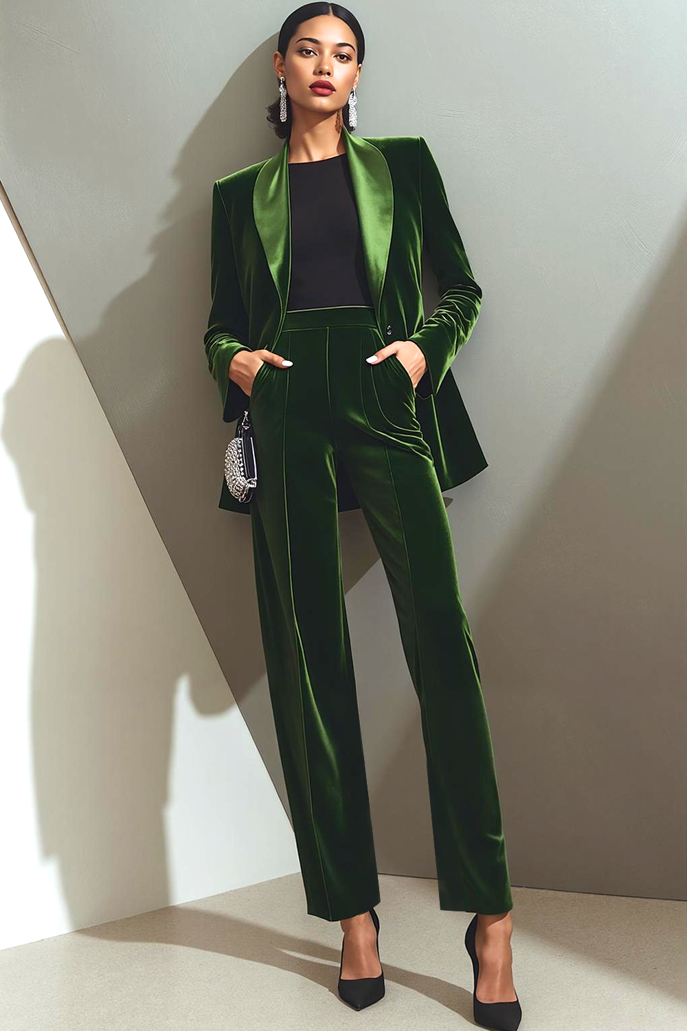 Green Velvet Tuxedo Jacket with a Black Top