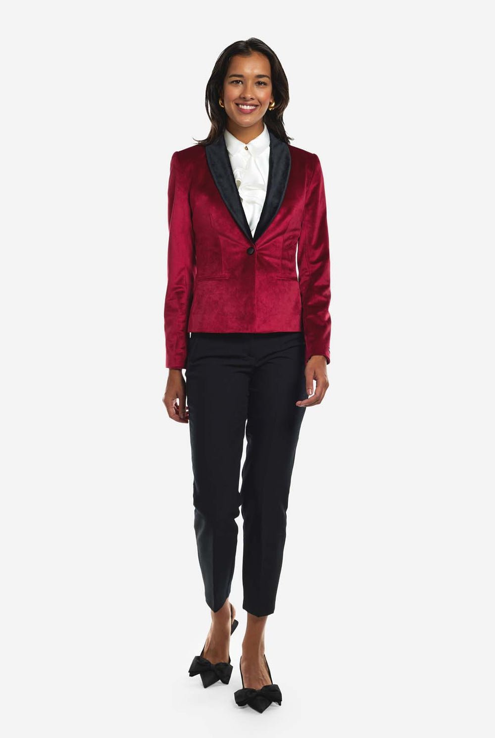 Red Velvet Tuxedo Jacket with Black Trousers and Bow Heels