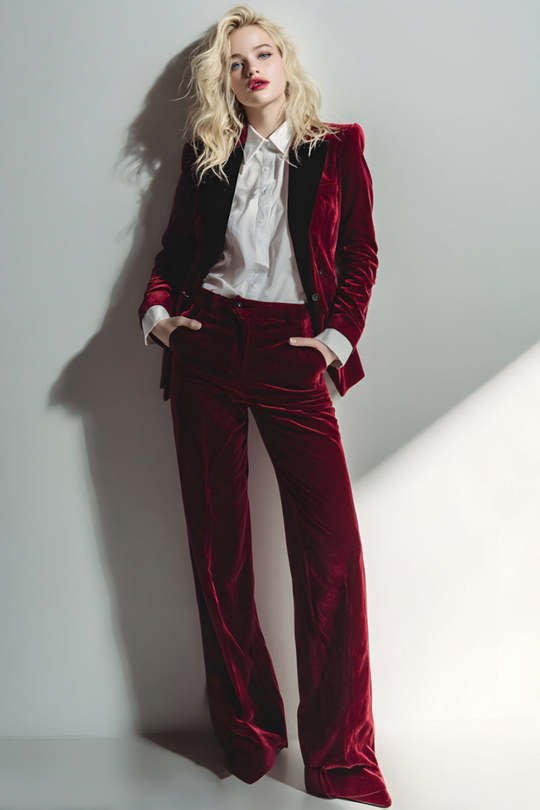 Burgundy Velvet Tuxedo Jacket with a White Shirt and Flared Trousers