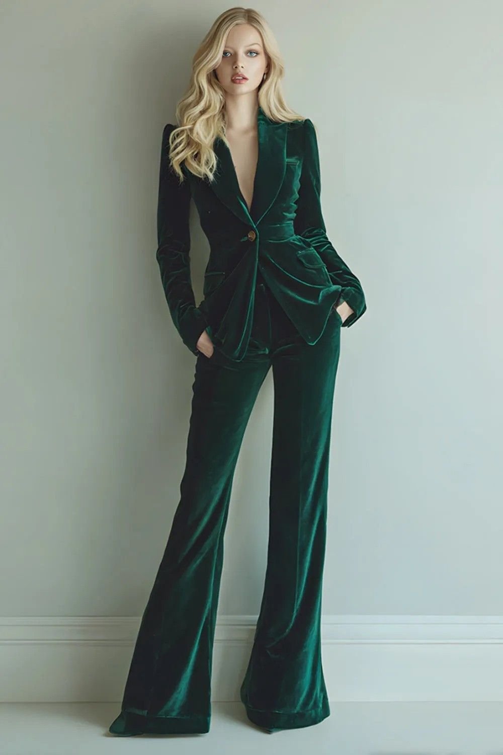 Green Velvet Flared Tuxedo Jacket with a Matching Suit